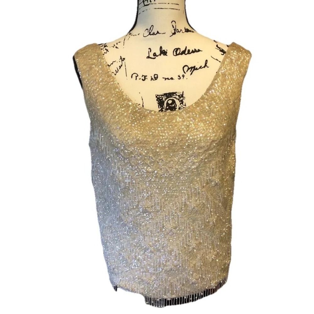 Vintage Sequined Beaded Ivory Cream Sleeveless‎ Top Size 38 Cocktail Party Date